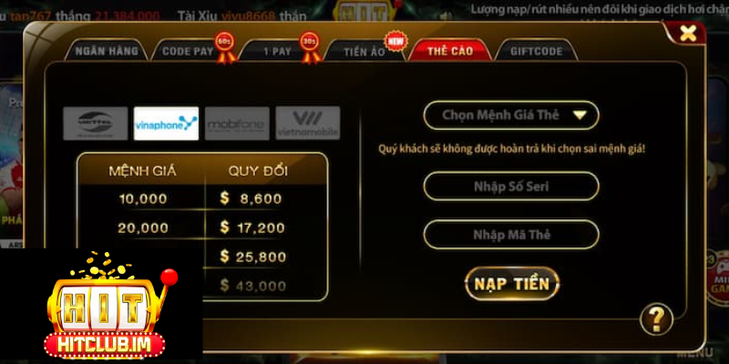 Một vài hình thức nạp tiền Hitclub hiện nay